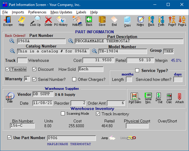 Parts Information Screen