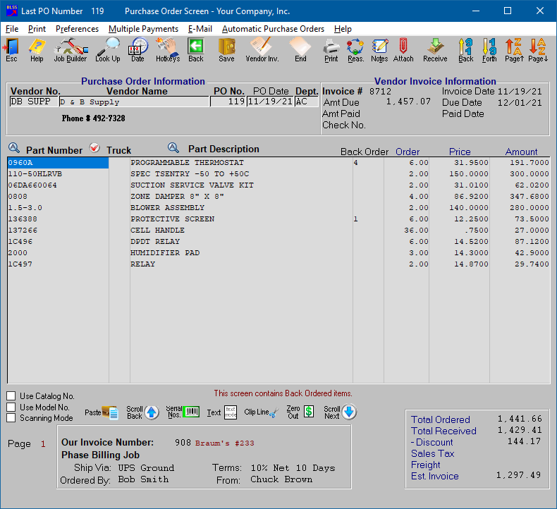 Vendor Invoice and Purchase Order Screen