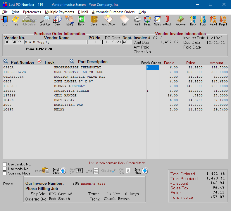 Vendor Invoice and Purchase Order Screen